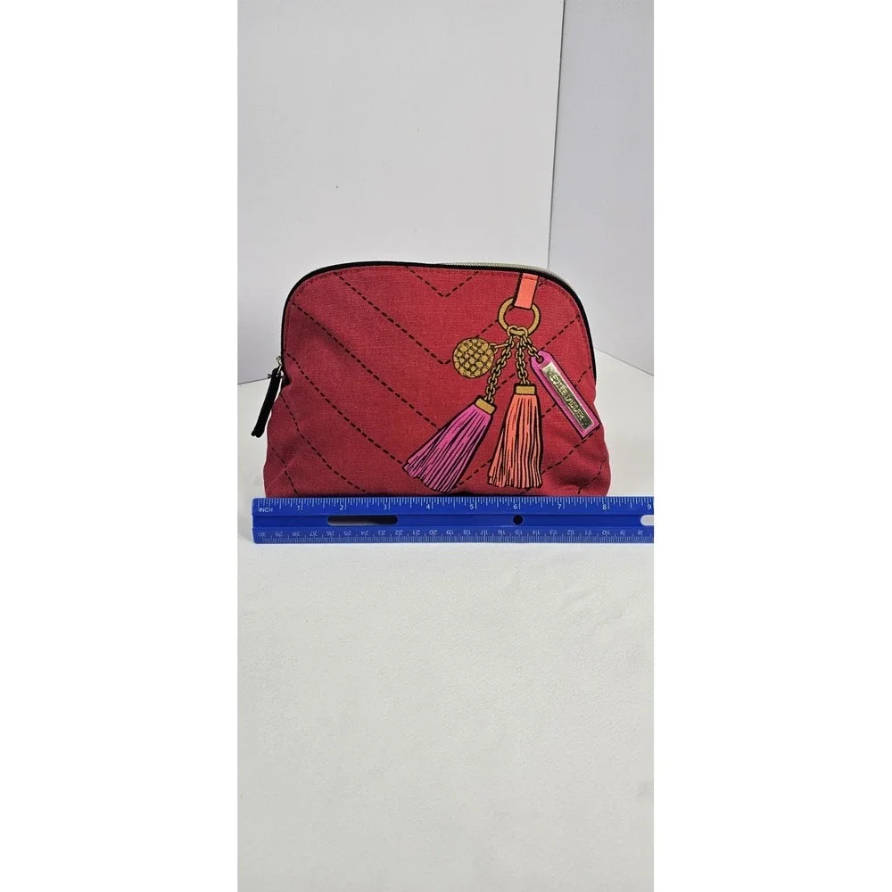 Estée Lauder Tassel Print Cosmetic Makeup Bag Red Canvas Zip Pouch Pink‎ Lining